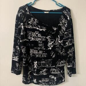 Vtg 80s 90s Womens City Print Novelty Top Sz L Black White Blouse Artsy Unique​